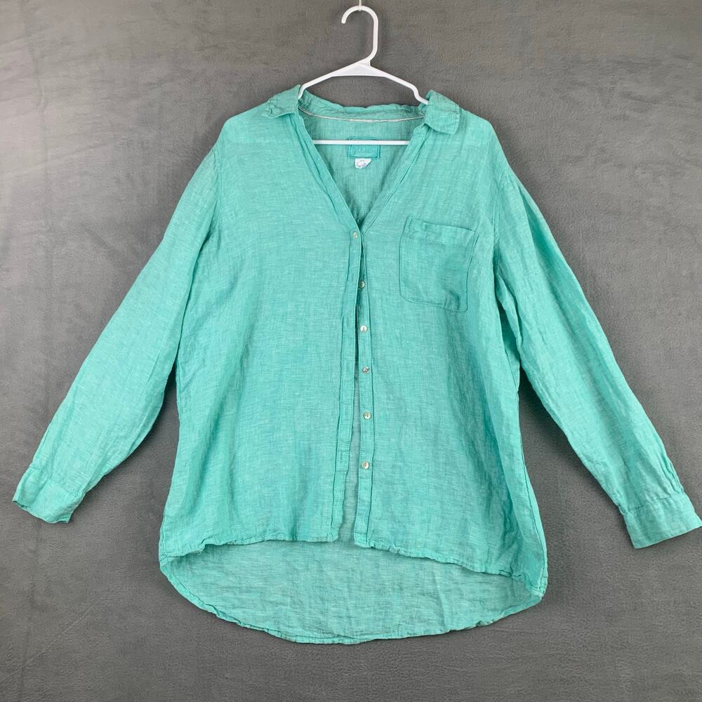 Sigrid Olsen 100% Linen Blue Button Down Blouse Sz XL Coastal Preppy Eurosummer
